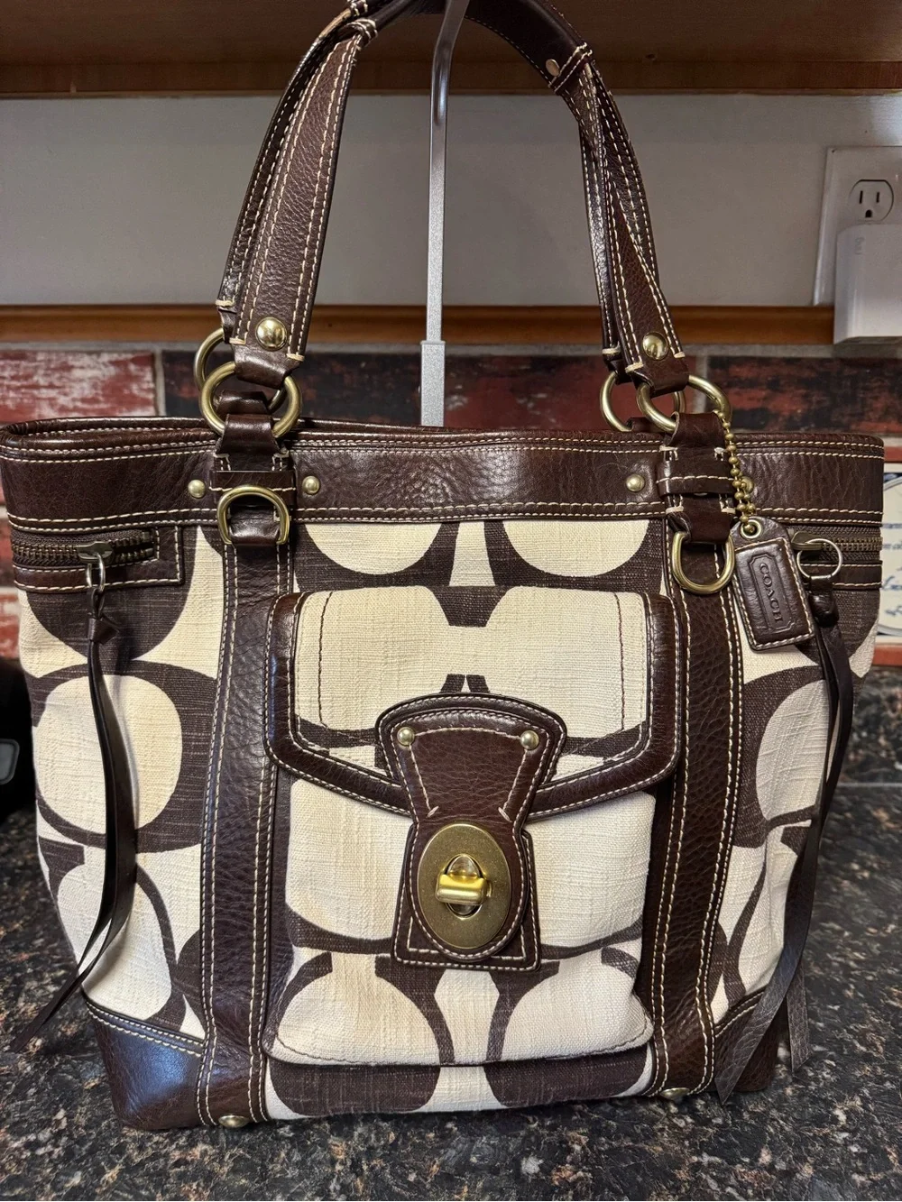 Coach Legacy Signature Turnlock Tote Brown Jacquard Canvas Leather A0768-